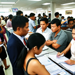 **A bustling Thai immigration office scene, with diverse expats patiently waiting, clutching documents. Focus on the bureaucratic atmosphere and the hope of visa approval. Incorporate elements of Thai culture subtly.**