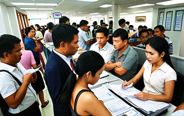 **A bustling Thai immigration office scene, with diverse expats patiently waiting, clutching documents. Focus on the bureaucratic atmosphere and the hope of visa approval. Incorporate elements of Thai culture subtly.**