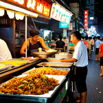 **Bangkok Street Food Scene:** A vibrant and bustling street scene in Bangkok at night, filled with food carts and vendors selling various dishes. Focus on the diversity of foods like Pad Thai, skewers, and fruits. Capture the energy of the street food culture with bright lighting and crowded atmosphere.