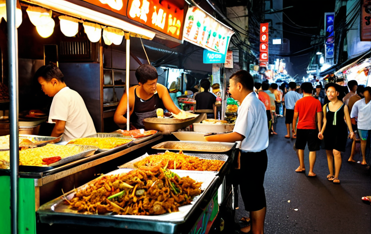 **Bangkok Street Food Scene:** A vibrant and bustling street scene in Bangkok at night, filled with food carts and vendors selling various dishes. Focus on the diversity of foods like Pad Thai, skewers, and fruits. Capture the energy of the street food culture with bright lighting and crowded atmosphere.