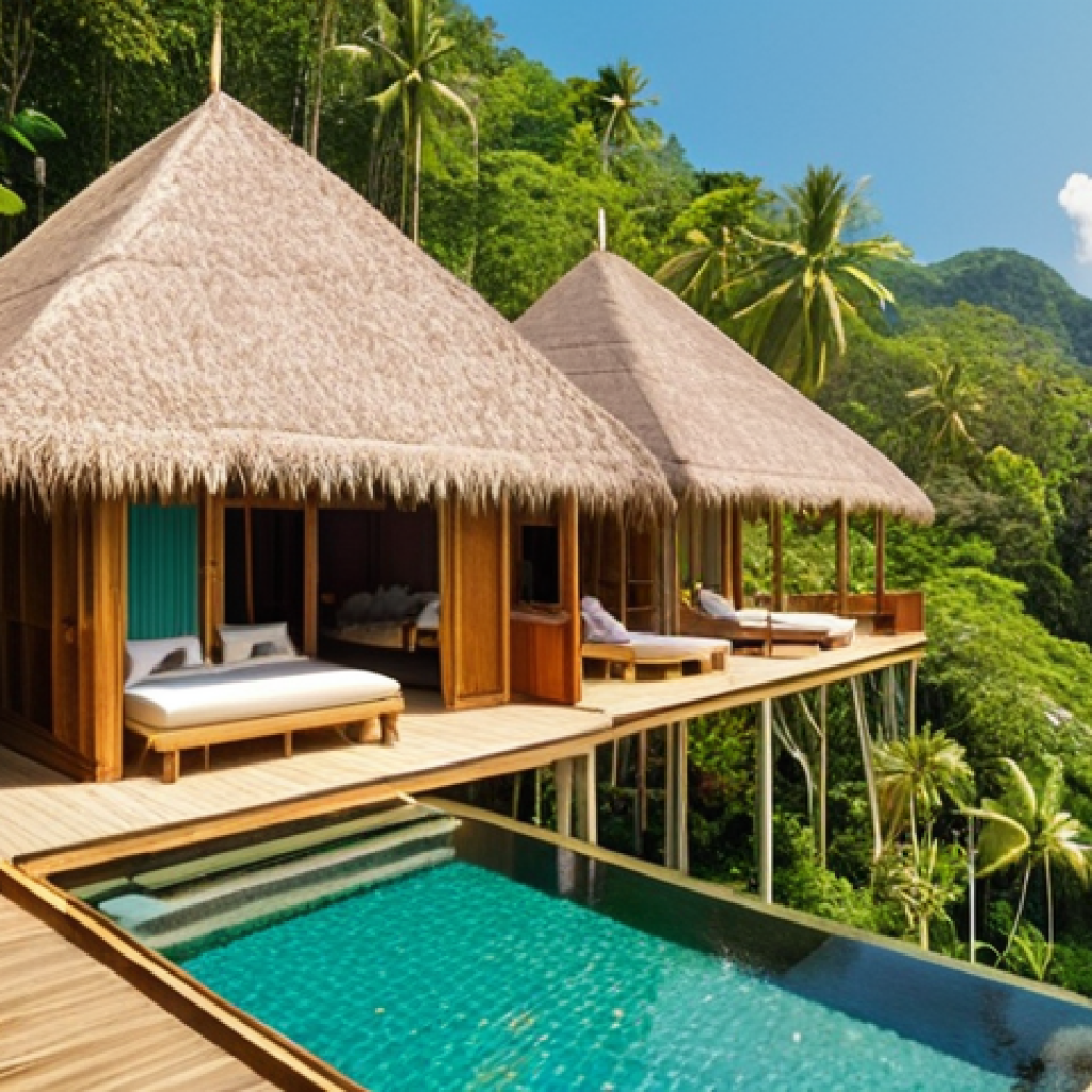 **Prompt for Image 1 (Sustainable Development):**
    A serene, luxurious eco-resort nestled in the lush tropical landscape of Thailand. The architecture blends seamlessly with nature, featuring natural materials like wood and thatch. Solar panels are subtly integrated into the design, reflecting a commitment to renewable energy. Guests are seen enjoying a tranquil moment on a private terrace overlooking clear turquoise waters, surrounded by vibrant, untouched greenery. The atmosphere is one of peaceful environmental harmony and responsible luxury. Golden hour lighting enhances the natural beauty.