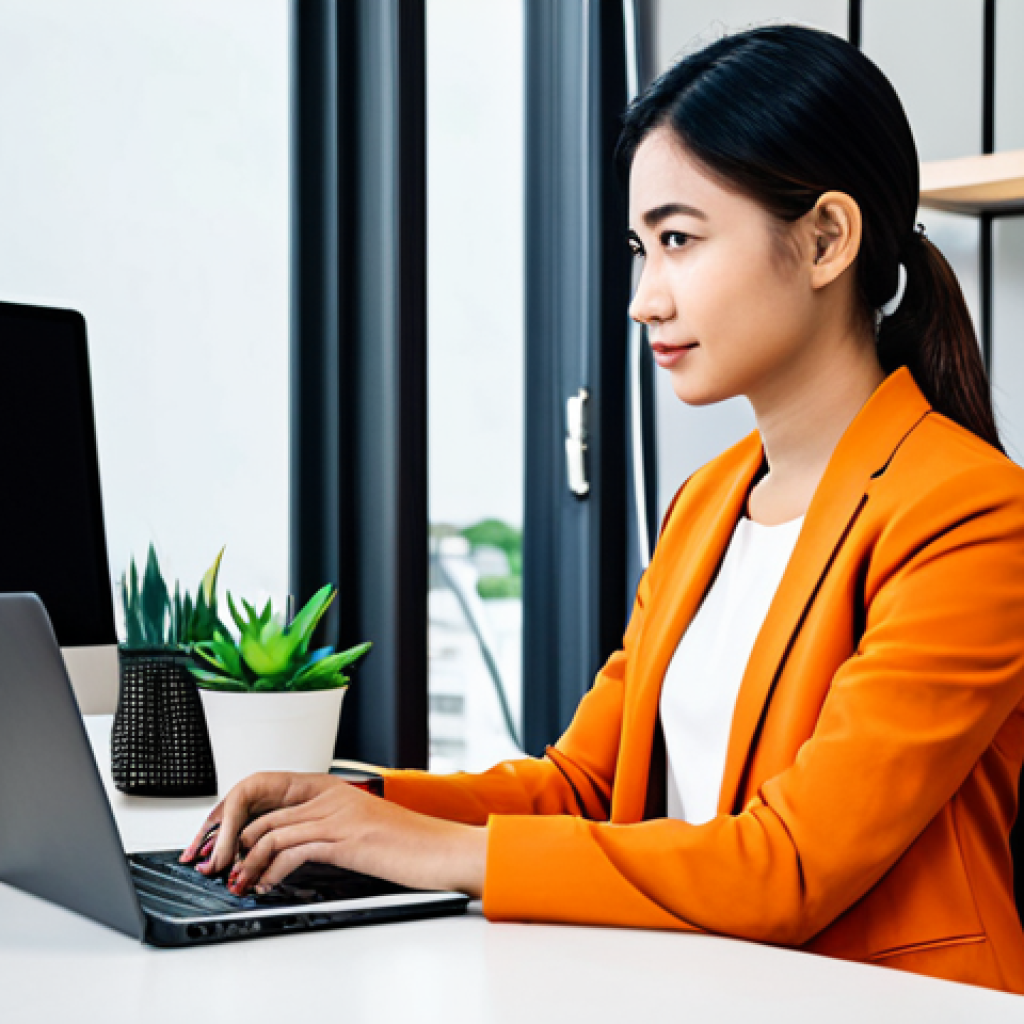 A professional female digital marketing specialist, dressed in modest business casual attire, seated at a sleek modern desk in a light-filled co-working space in Bangkok. She is focused on her laptop, with a large monitor behind her displaying a vibrant, abstract montage of diverse Thai experiences – from bustling markets and serene temples to lush natural landscapes and delectable local cuisine. The atmosphere is dynamic and innovative. perfect anatomy, correct proportions, natural pose, well-formed hands, proper finger count, natural body proportions, high-resolution, professional photography, studio lighting, fully clothed, modest clothing, appropriate attire, professional dress, safe for work, appropriate content, family-friendly.