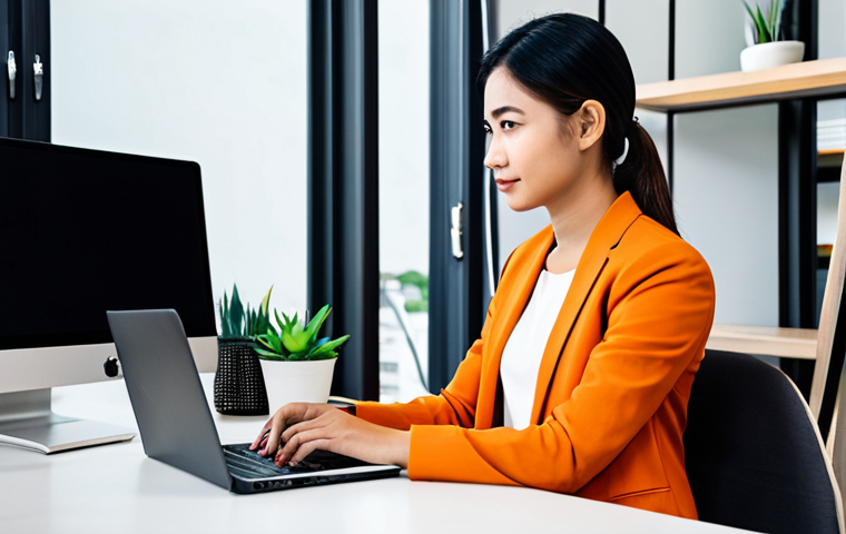 A professional female digital marketing specialist, dressed in modest business casual attire, seated at a sleek modern desk in a light-filled co-working space in Bangkok. She is focused on her laptop, with a large monitor behind her displaying a vibrant, abstract montage of diverse Thai experiences – from bustling markets and serene temples to lush natural landscapes and delectable local cuisine. The atmosphere is dynamic and innovative. perfect anatomy, correct proportions, natural pose, well-formed hands, proper finger count, natural body proportions, high-resolution, professional photography, studio lighting, fully clothed, modest clothing, appropriate attire, professional dress, safe for work, appropriate content, family-friendly.