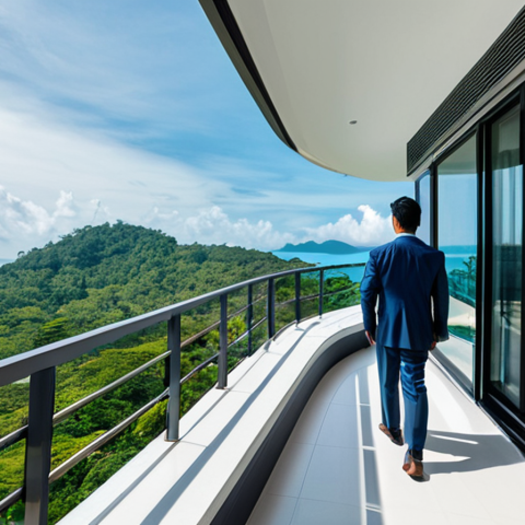 A professional individual in a modest, elegant business suit stands confidently on the private balcony of a luxurious, modern condominium in Phuket, overlooking a breathtaking panoramic view of the Andaman Sea and lush tropical landscape. The scene features contemporary architectural lines, high-end outdoor furniture, and abundant natural light. The person is looking out towards the horizon, symbolizing success and a secure investment in a serene environment. The overall atmosphere is one of prosperity and calm. safe for work, appropriate content, fully clothed, professional, perfect anatomy, correct proportions, natural pose, well-formed hands, proper finger count, natural body proportions, professional photography, high quality, realistic, cinematic lighting.