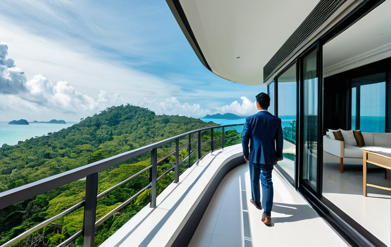 A professional individual in a modest, elegant business suit stands confidently on the private balcony of a luxurious, modern condominium in Phuket, overlooking a breathtaking panoramic view of the Andaman Sea and lush tropical landscape. The scene features contemporary architectural lines, high-end outdoor furniture, and abundant natural light. The person is looking out towards the horizon, symbolizing success and a secure investment in a serene environment. The overall atmosphere is one of prosperity and calm. safe for work, appropriate content, fully clothed, professional, perfect anatomy, correct proportions, natural pose, well-formed hands, proper finger count, natural body proportions, professional photography, high quality, realistic, cinematic lighting.