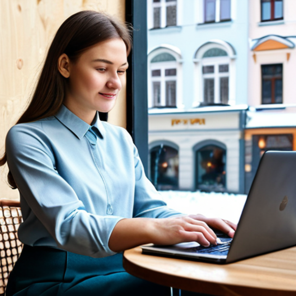 Digital Nomad in Moscow**

"A young professional woman, fully clothed in a stylish yet modest business casual outfit (e.g., a blouse and trousers or a knee-length skirt), working on a laptop at a cozy cafe in Moscow, Russia. The cafe should have a modern, warm atmosphere with a view of a snowy street.  Appropriate attire, safe for work, perfect anatomy, correct proportions, natural pose, well-formed hands, proper finger count, natural body proportions, professional photography, high quality."

**