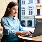 Digital Nomad in Moscow**

"A young professional woman, fully clothed in a stylish yet modest business casual outfit (e.g., a blouse and trousers or a knee-length skirt), working on a laptop at a cozy cafe in Moscow, Russia. The cafe should have a modern, warm atmosphere with a view of a snowy street.  Appropriate attire, safe for work, perfect anatomy, correct proportions, natural pose, well-formed hands, proper finger count, natural body proportions, professional photography, high quality."

**