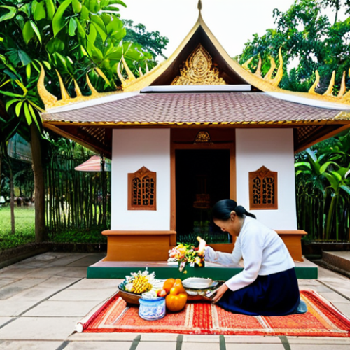 Home 25 Spirit House Ceremony**
A small, ornate spirit house (San Phra Phum) sits outside a traditional Thai home. A woman in modest, everyday clothing is kneeling, placing fresh fruit and flowers as offerings. Soft, diffused morning light. Focus on the detail of the spirit house and the woman's reverent expression. Safe for work, appropriate content, fully clothed, family-friendly. Perfect anatomy, natural pose, correct proportions. High quality, professional photography.
**