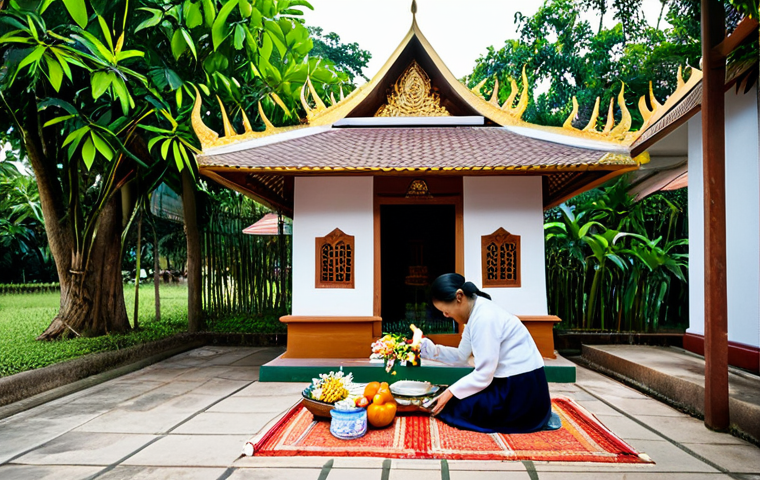 Spirit House Ceremony**

A small, ornate spirit house (San Phra Phum) sits outside a traditional Thai home. A woman in modest, everyday clothing is kneeling, placing fresh fruit and flowers as offerings. Soft, diffused morning light. Focus on the detail of the spirit house and the woman's reverent expression. Safe for work, appropriate content, fully clothed, family-friendly. Perfect anatomy, natural pose, correct proportions. High quality, professional photography.

**