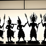 Nang Yai Shadow Puppets**

"A beautifully crafted Nang Yai shadow puppet depicting a scene from the Ramakien epic. The puppet is made of intricately cut and painted water buffalo hide. Backlit to create a dramatic shadow on a white screen. Traditional Thai musical instruments are visible in the background. Fully clothed figures, safe for work, appropriate content, professional, family-friendly, perfect anatomy, correct proportions, well-formed hands, proper finger count, natural pose."

**