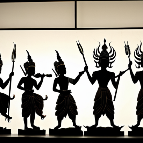 Home 24 Nang Yai Shadow Puppets**
"A beautifully crafted Nang Yai shadow puppet depicting a scene from the Ramakien epic. The puppet is made of intricately cut and painted water buffalo hide. Backlit to create a dramatic shadow on a white screen. Traditional Thai musical instruments are visible in the background. Fully clothed figures, safe for work, appropriate content, professional, family-friendly, perfect anatomy, correct proportions, well-formed hands, proper finger count, natural pose."
**