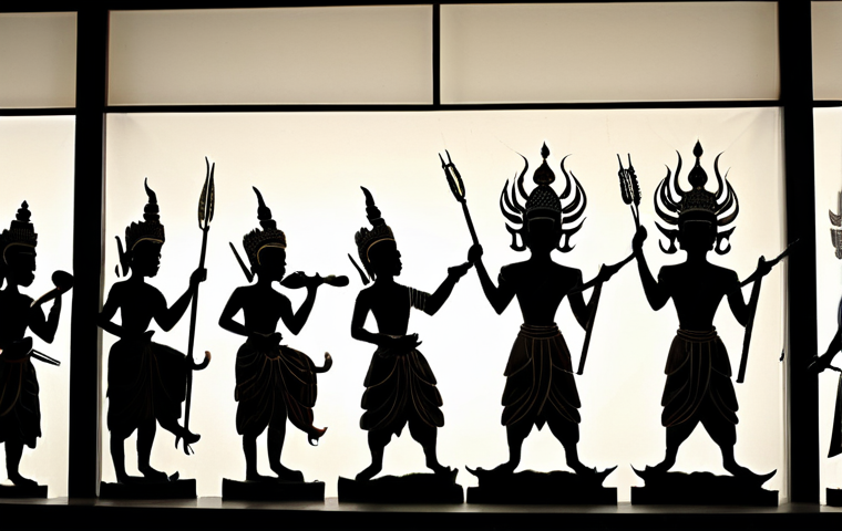 Nang Yai Shadow Puppets**

"A beautifully crafted Nang Yai shadow puppet depicting a scene from the Ramakien epic. The puppet is made of intricately cut and painted water buffalo hide. Backlit to create a dramatic shadow on a white screen. Traditional Thai musical instruments are visible in the background. Fully clothed figures, safe for work, appropriate content, professional, family-friendly, perfect anatomy, correct proportions, well-formed hands, proper finger count, natural pose."

**