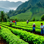 Coffee Plantation Scene**

"A panoramic view of a lush coffee plantation in Northern Thailand, bathed in the morning light, fully clothed farmers tending to the coffee plants, mountains in the background, mist rising from the valley, vibrant green foliage, professional photography, safe for work, appropriate content, fully clothed, family-friendly, perfect anatomy, natural proportions."

**