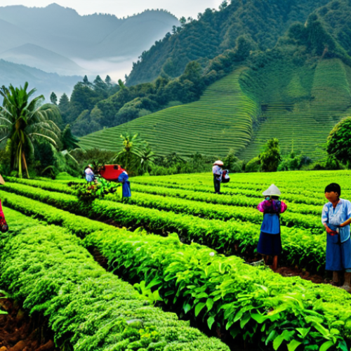 Home 23 Coffee Plantation Scene**
"A panoramic view of a lush coffee plantation in Northern Thailand, bathed in the morning light, fully clothed farmers tending to the coffee plants, mountains in the background, mist rising from the valley, vibrant green foliage, professional photography, safe for work, appropriate content, fully clothed, family-friendly, perfect anatomy, natural proportions."
**