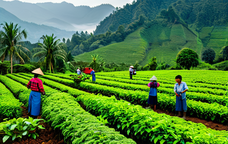 Coffee Plantation Scene**

"A panoramic view of a lush coffee plantation in Northern Thailand, bathed in the morning light, fully clothed farmers tending to the coffee plants, mountains in the background, mist rising from the valley, vibrant green foliage, professional photography, safe for work, appropriate content, fully clothed, family-friendly, perfect anatomy, natural proportions."

**