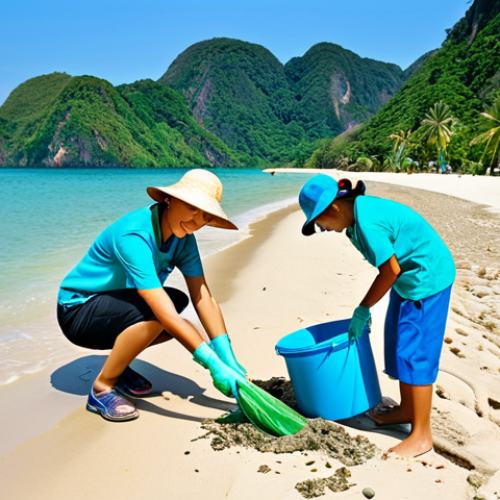 Home 22 Coastal Conservation**
"A group of diverse volunteers cleaning a tropical beach in Thailand, fully clothed in appropriate attire, picking up plastic waste. Turquoise water and lush green hills in the background. Safe for work, appropriate content, professional photography, perfect anatomy, natural proportions, bright sunny day, family-friendly scene, showcasing environmental responsibility."
**