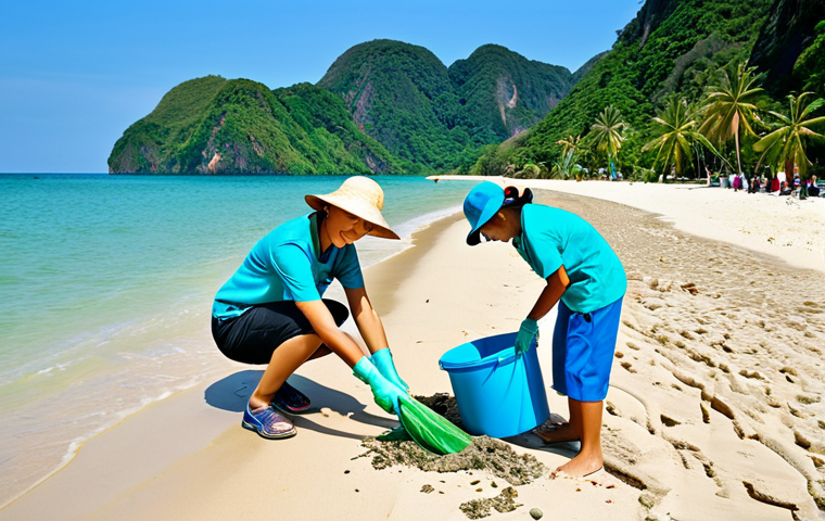 Coastal Conservation**

"A group of diverse volunteers cleaning a tropical beach in Thailand, fully clothed in appropriate attire, picking up plastic waste. Turquoise water and lush green hills in the background. Safe for work, appropriate content, professional photography, perfect anatomy, natural proportions, bright sunny day, family-friendly scene, showcasing environmental responsibility."

**