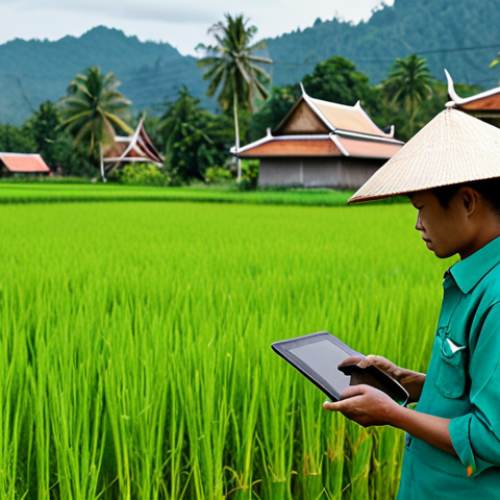 Home 9 Modern Thai Farming**
"A Thai farmer, fully clothed in work clothes appropriate for a rural environment, using a tablet to analyze data from a drone flying over rice paddies. The scene is a lush, green rice field in Thailand, with traditional Thai houses in the background. Safe for work, appropriate content, professional, perfect anatomy, natural proportions, family-friendly, well-formed hands."
**