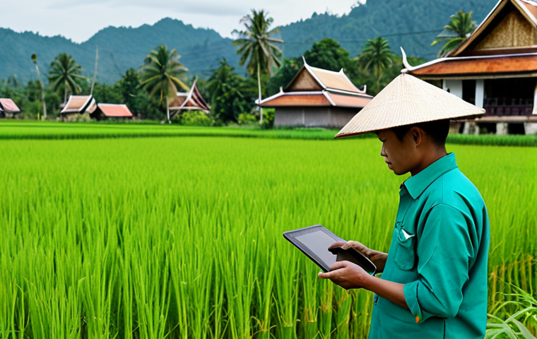 Modern Thai Farming**

"A Thai farmer, fully clothed in work clothes appropriate for a rural environment, using a tablet to analyze data from a drone flying over rice paddies. The scene is a lush, green rice field in Thailand, with traditional Thai houses in the background. Safe for work, appropriate content, professional, perfect anatomy, natural proportions, family-friendly, well-formed hands."

**