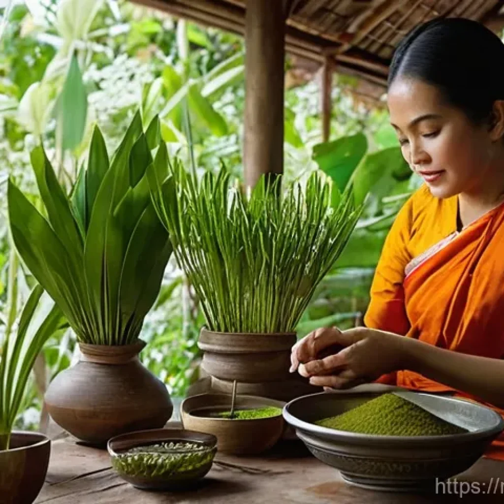 태국의 전통 치유법 - **Prompt:** A serene, sun-drenched traditional Thai healing space, featuring warm wooden architectur...