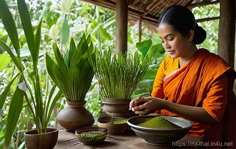 태국의 전통 치유법 - **Prompt:** A serene, sun-drenched traditional Thai healing space, featuring warm wooden architectur...