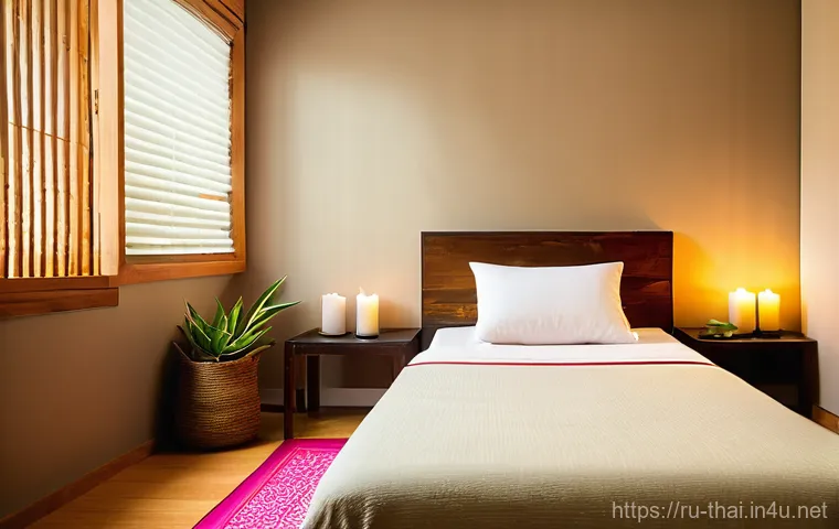 태국의 전통 치유법 - **Prompt:** A serene, sun-drenched traditional Thai healing space, featuring warm wooden architectur...