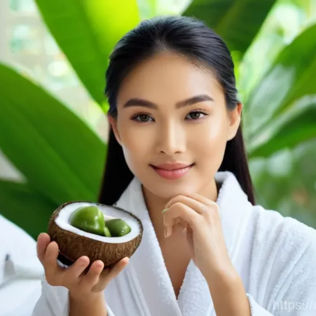 태국의 글로벌 브랜드 성장 - **Prompt: "A close-up shot of a young woman (20s-30s) with glowing, healthy skin, reflecting a seren...