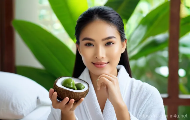 태국의 글로벌 브랜드 성장 - **Prompt: "A close-up shot of a young woman (20s-30s) with glowing, healthy skin, reflecting a seren...