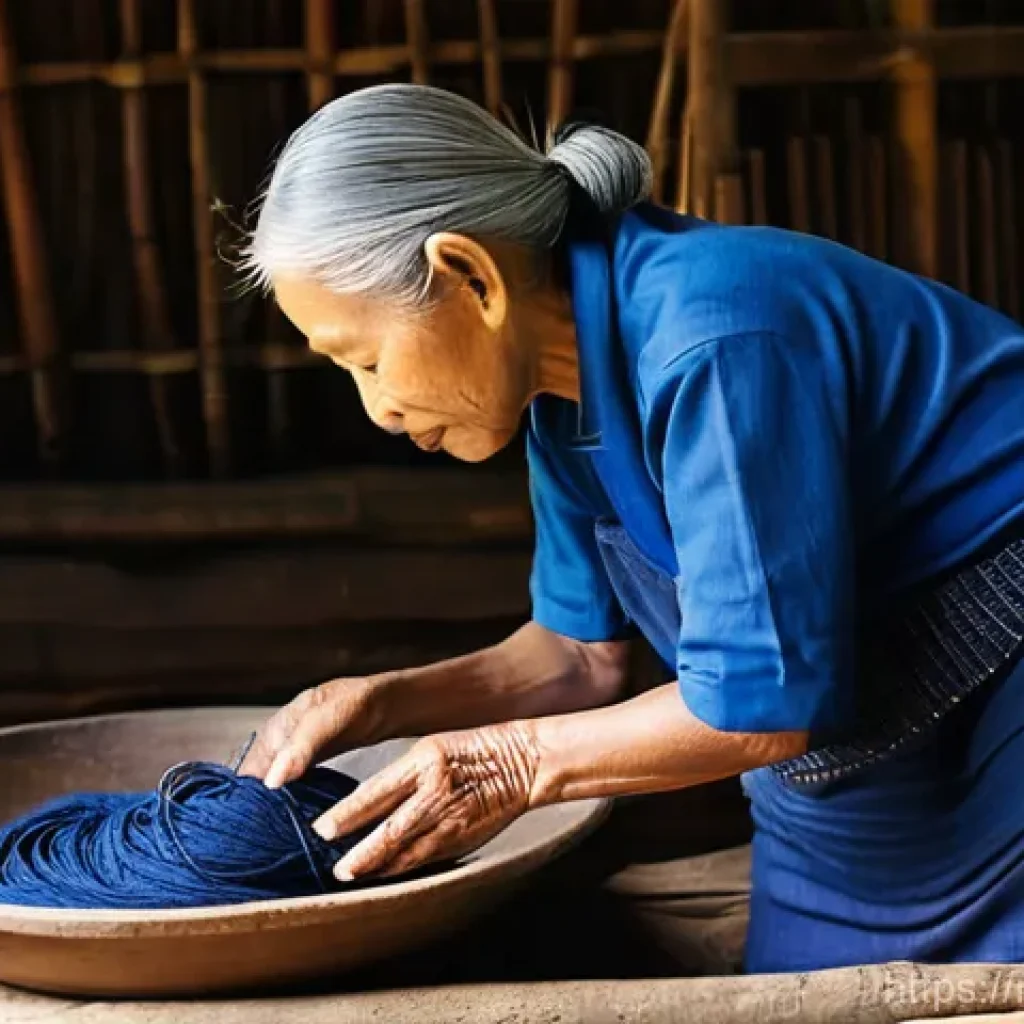태국의 전통 천연 염색 - **Prompt:** A serene, candid portrait of an elderly Thai female artisan in a rustic, sun-drenched tr...