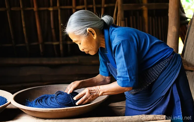 태국의 전통 천연 염색 - **Prompt:** A serene, candid portrait of an elderly Thai female artisan in a rustic, sun-drenched tr...