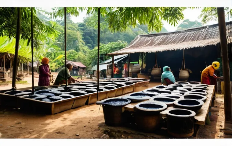 태국의 전통 천연 염색 - **Prompt:** A vibrant and artful display showcasing the beauty of naturally dyed Thai textiles, arra...