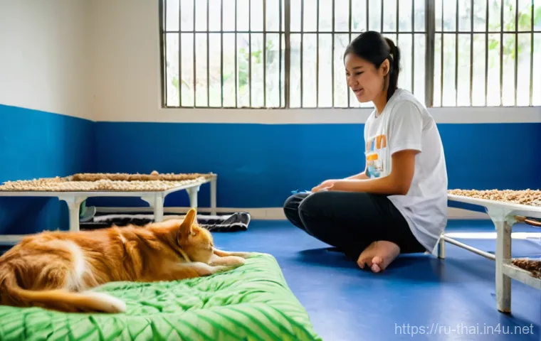 태국의 비영리 단체 활동 - **Prompt:** A heartwarming scene inside a bright and clean animal rescue center in Thailand, inspire...