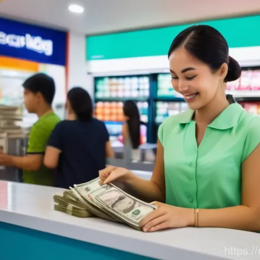 태국 화폐 사용법 - A vibrant scene at a SuperRich currency exchange booth in a bustling Thai city, like Bangkok. A Russ...