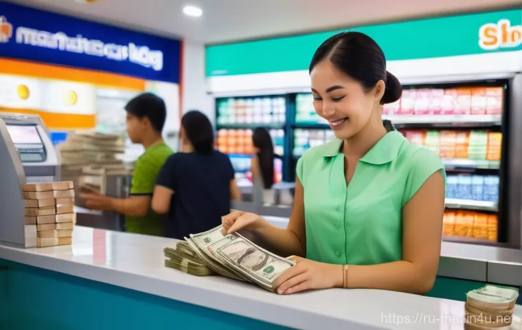 태국 화폐 사용법 - A vibrant scene at a SuperRich currency exchange booth in a bustling Thai city, like Bangkok. A Russ...