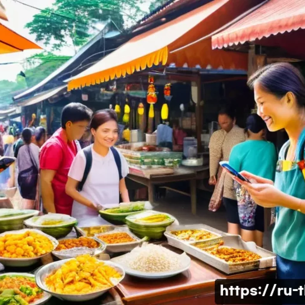 태국에서의 모바일 결제 - **Prompt 1: Bustling Thai Street Food Market Scene with Digital and Cash Payments.**
A vibrant, ...