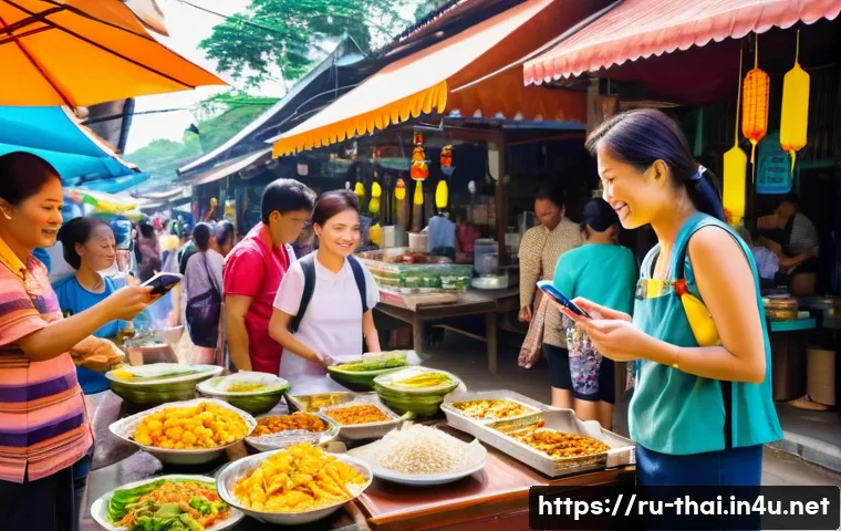 태국에서의 모바일 결제 - **Prompt 1: Bustling Thai Street Food Market Scene with Digital and Cash Payments.**
A vibrant, ...