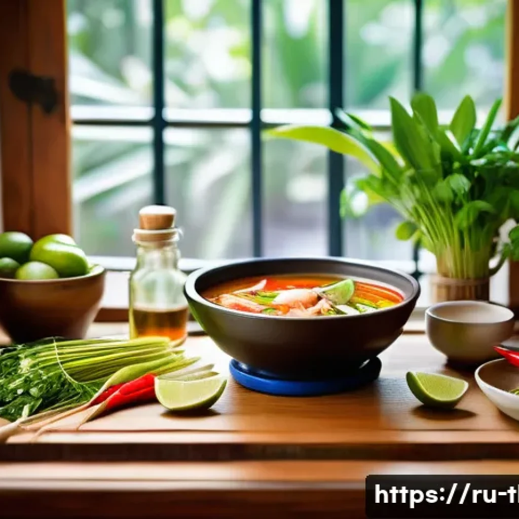 태국식 요리의 특징 - A vibrant and authentic Thai kitchen scene showcasing the preparation of Tom Yum soup: a rustic wood...