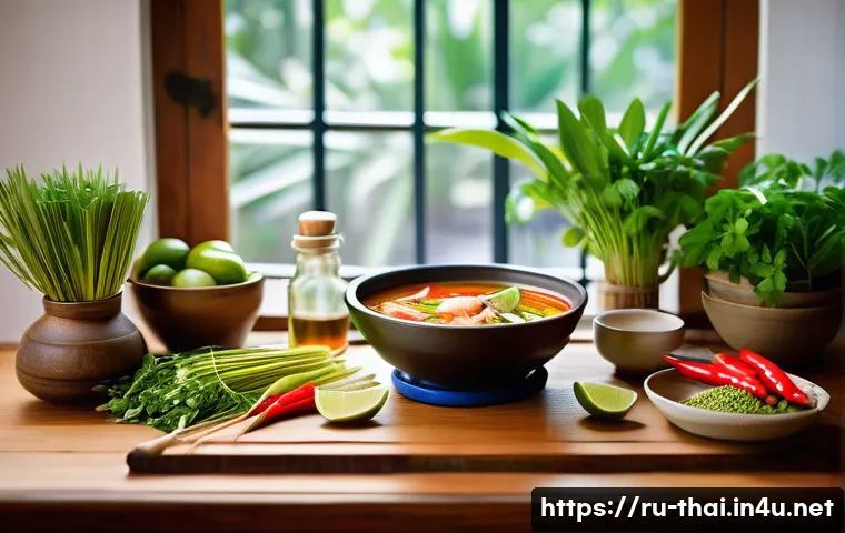 태국식 요리의 특징 - A vibrant and authentic Thai kitchen scene showcasing the preparation of Tom Yum soup: a rustic wood...
