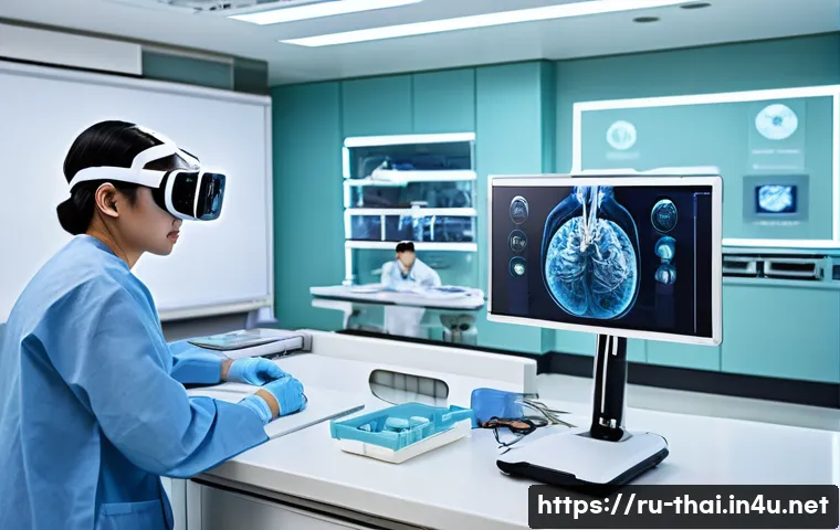 태국의 의료 교육 - A modern medical university classroom in Thailand featuring diverse international students wearing c...
