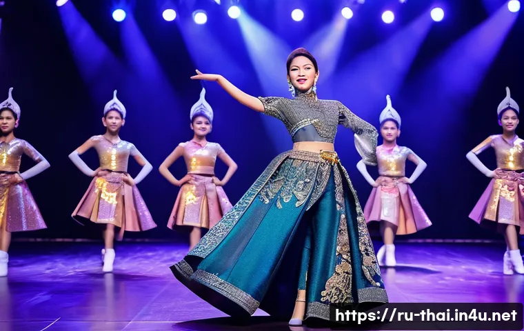 태국 출신 K pop 아이돌 - A dynamic stage performance featuring a Thai K-pop idol dressed in a modern fusion outfit blending t...