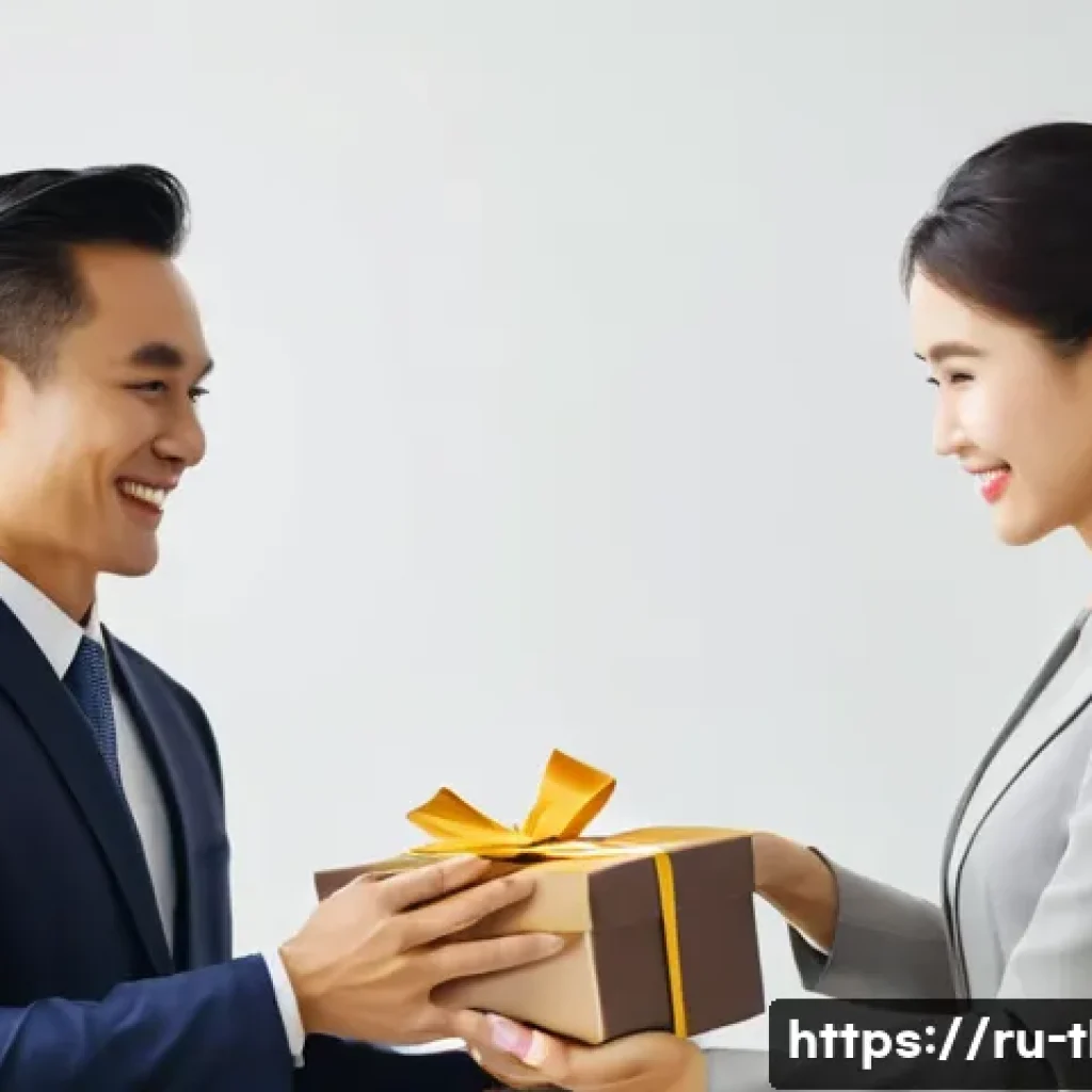 태국에서의 비즈니스 매너 - A professional business meeting scene in Thailand showing two business partners exchanging a gift wr...