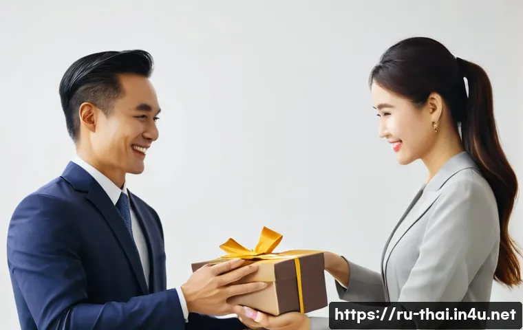 태국에서의 비즈니스 매너 - A professional business meeting scene in Thailand showing two business partners exchanging a gift wr...