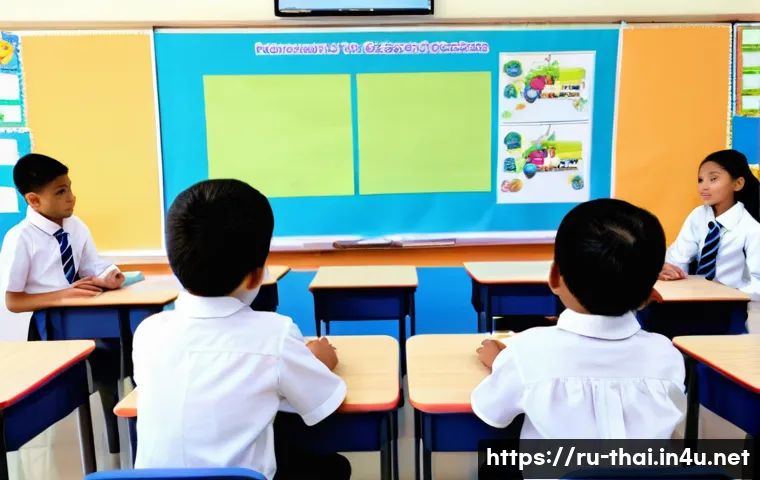 태국의 초등 교육 변화 - A vibrant elementary school classroom in Thailand featuring young students wearing school uniforms a...