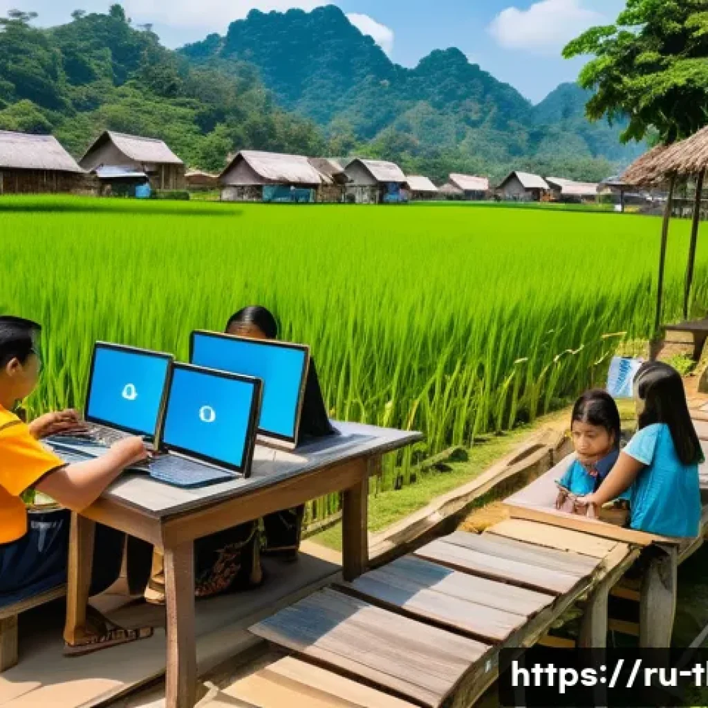 태국의 디지털 변혁 - A vibrant rural Thai village scene showcasing the recent expansion of high-speed internet infrastruc...