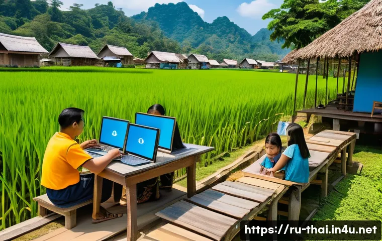 태국의 디지털 변혁 - A vibrant rural Thai village scene showcasing the recent expansion of high-speed internet infrastruc...