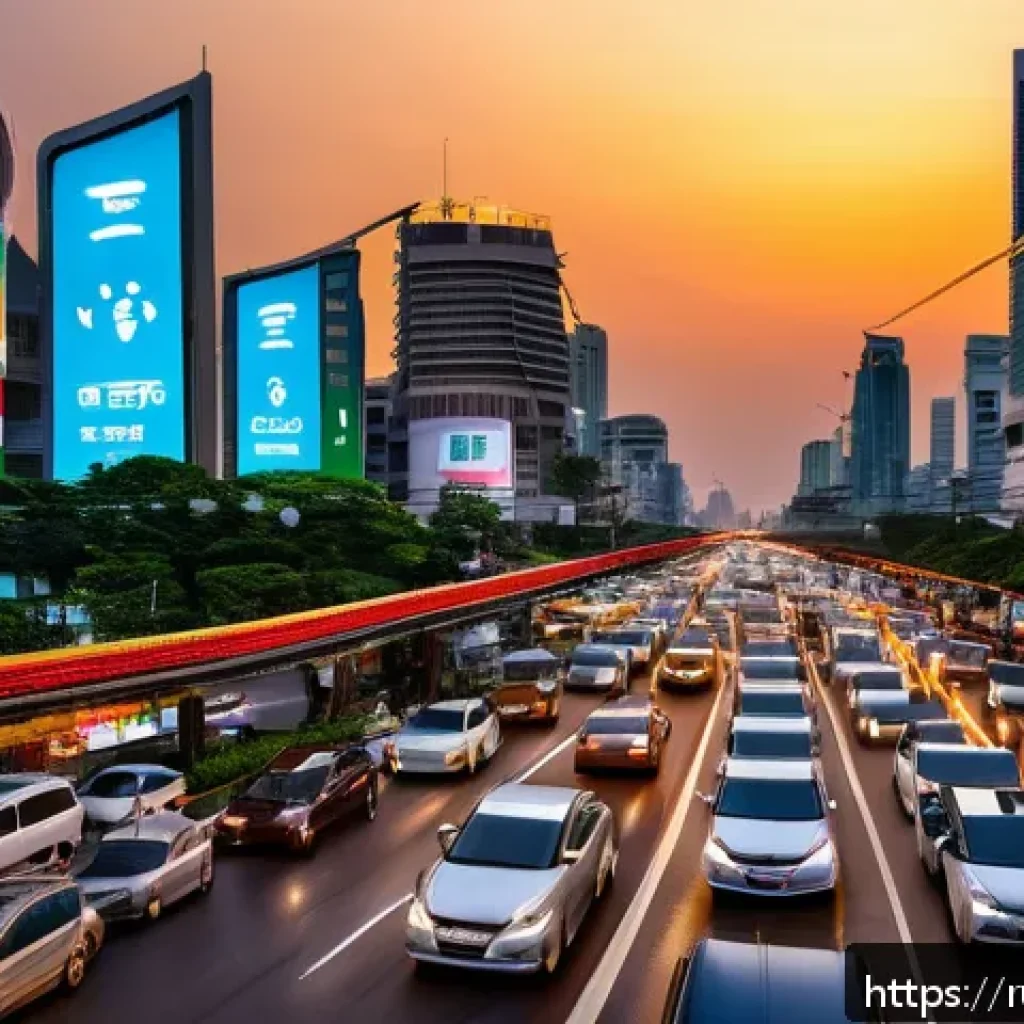 태국의 스마트 도시 프로젝트 - A bustling Bangkok city street scene at dusk, featuring intelligent traffic management technology: m...
