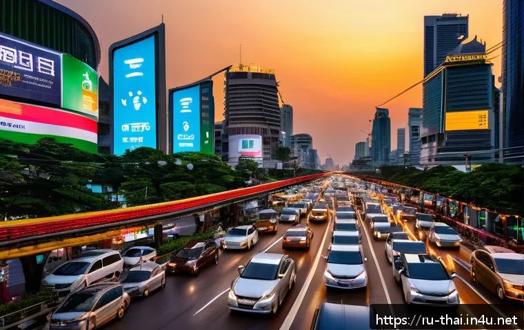 태국의 스마트 도시 프로젝트 - A bustling Bangkok city street scene at dusk, featuring intelligent traffic management technology: m...