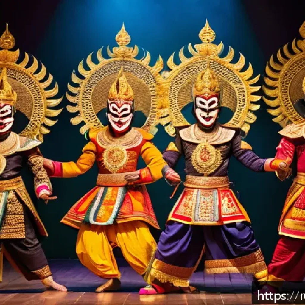 태국의 전통 무대 예술 - A detailed scene from a traditional Thai Khon theater performance featuring actors wearing elaborate...