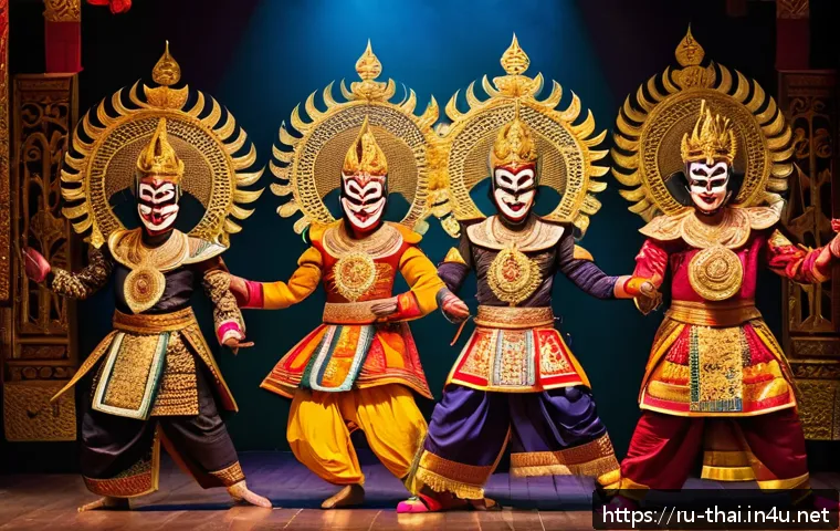 태국의 전통 무대 예술 - A detailed scene from a traditional Thai Khon theater performance featuring actors wearing elaborate...