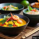 Home 22 태국의 고급 요리 코스 - A vibrant and elegant Thai tasting set served on a rustic wooden table, featuring a variety of small...